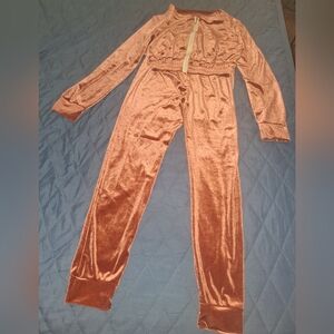 SHEIN Velvet Track Suit in Shimmering Copper